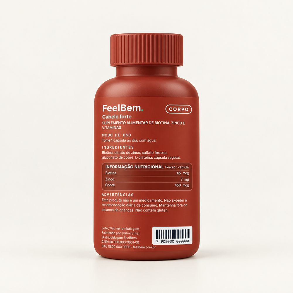 FeelBem Cabelo Forte · Biotina + Zinco · 30 Cápsulas, verso com tabela nutricional