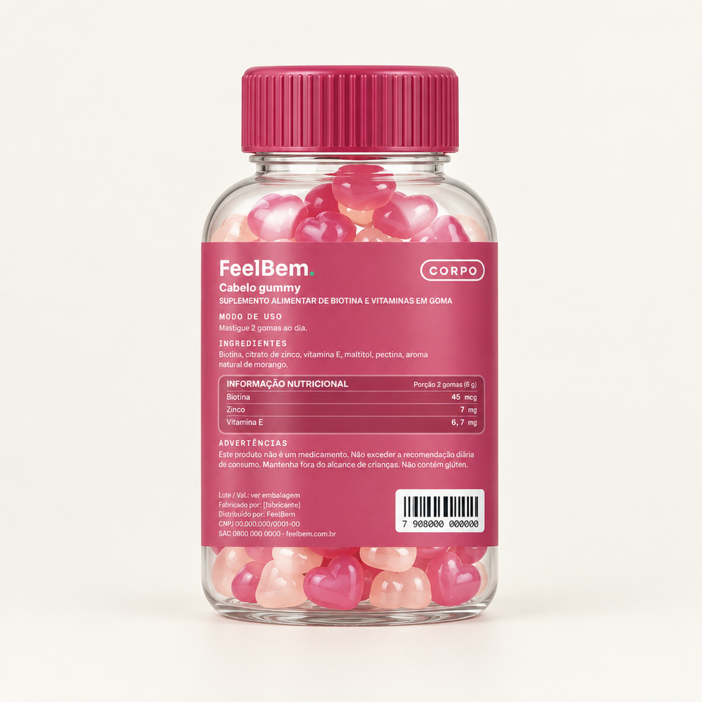 FeelBem Cabelo Gummy · Biotina + Zinco · 60 Gomas, verso com tabela nutricional
