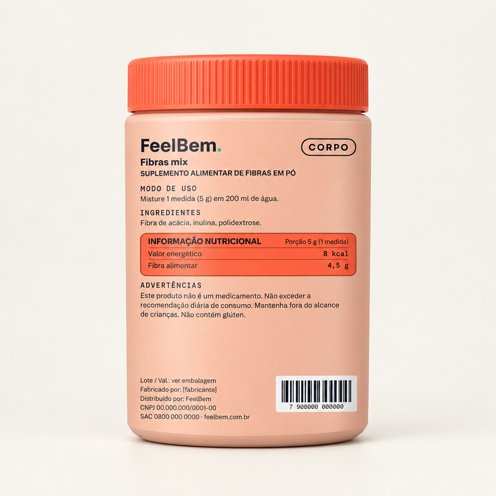 FeelBem Fibras Mix · 3 Fibras Solúveis 300 g, verso com tabela nutricional
