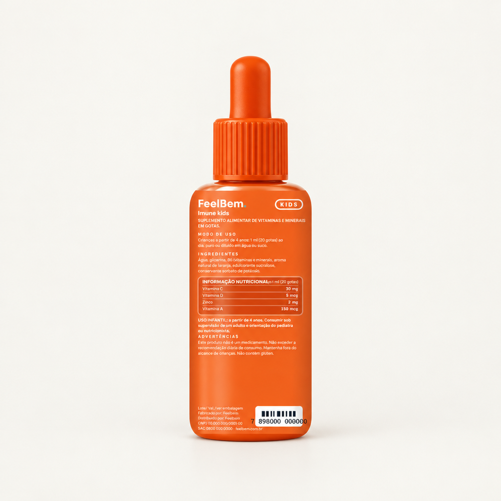 FeelBem Imune Kids · 16 Vitaminas e Minerais · Gotas 30 ml, verso com tabela nutricional