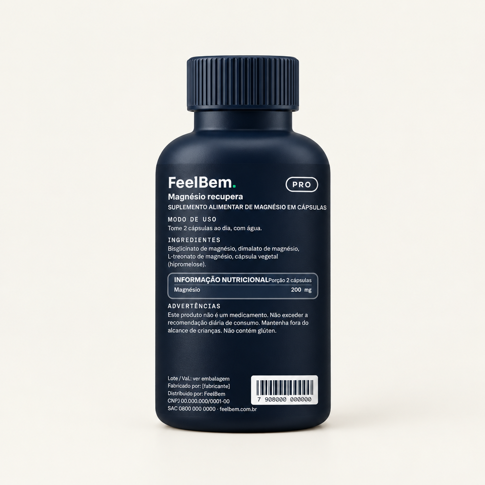 FeelBem Magnésio Recupera · 3 Formas · 60 Cápsulas, verso com tabela nutricional