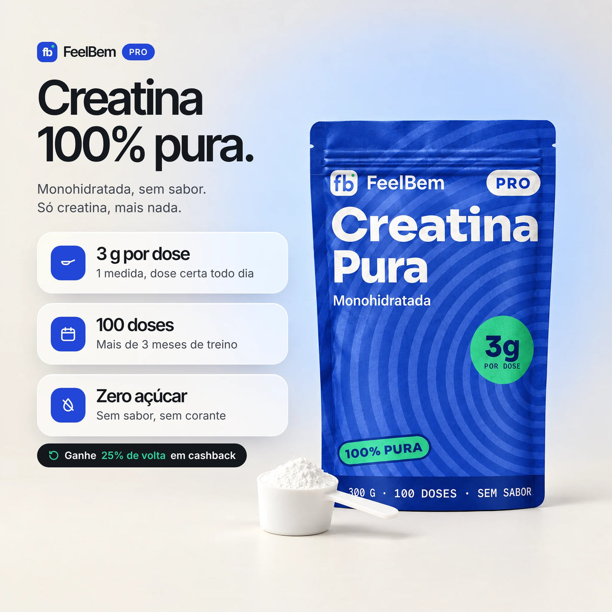 Creatina Pura FeelBem: 100% creatina monohidratada, 3 g por dose, 100 doses, zero açúcar · galeria 1