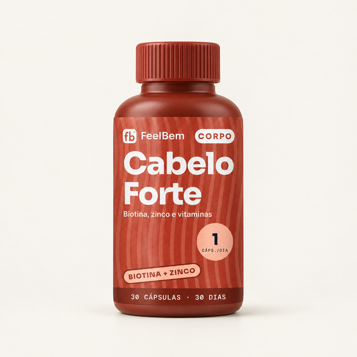 FeelBem Cabelo Forte · Biotina + Zinco · 30 Cápsulas, frente da embalagem