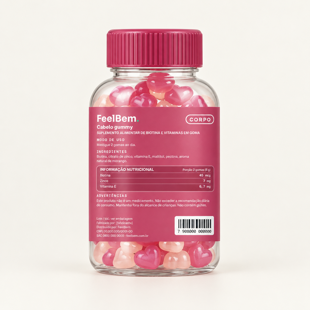 FeelBem Cabelo Gummy · Biotina + Zinco · 60 Gomas, verso com tabela nutricional
