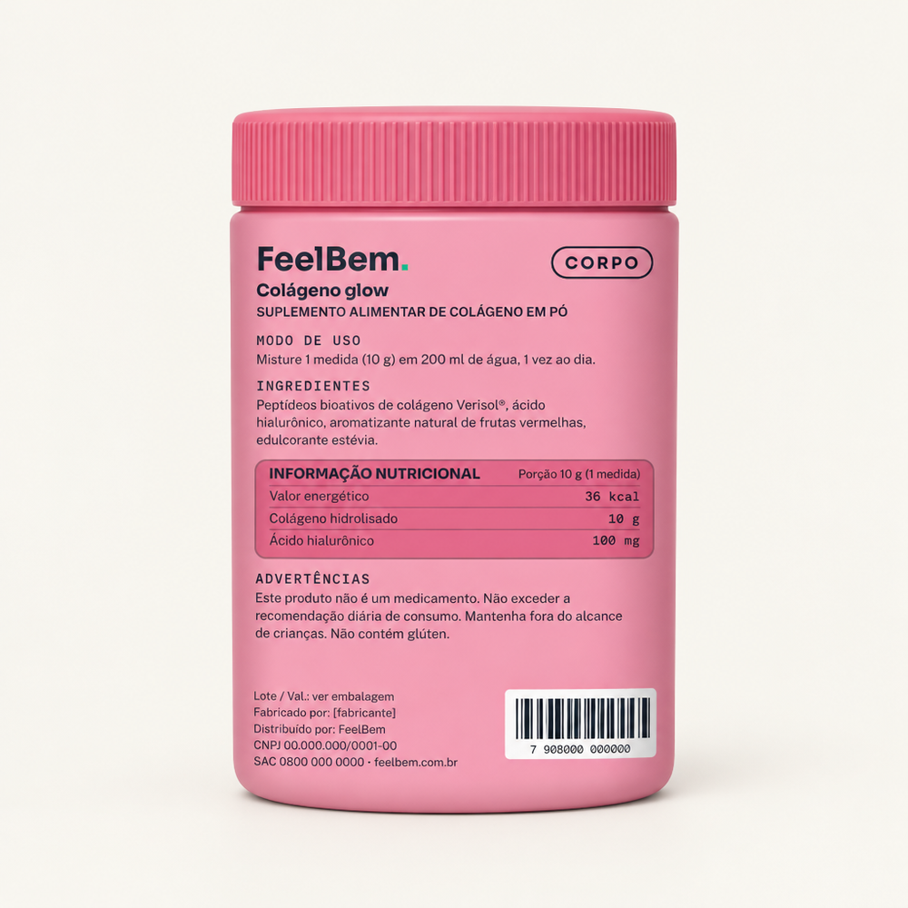 FeelBem Colágeno Glow · Verisol + Ácido Hialurônico 300 g, verso com tabela nutricional