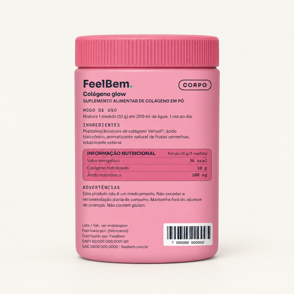 FeelBem Colágeno Glow · Verisol + Ácido Hialurônico 300 g, verso com tabela nutricional