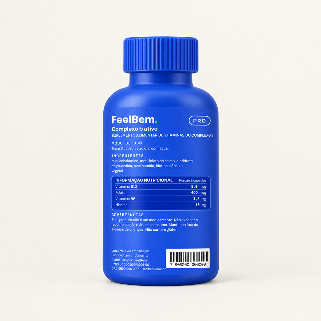FeelBem Complexo B Ativo · 60 Cápsulas, verso com tabela nutricional