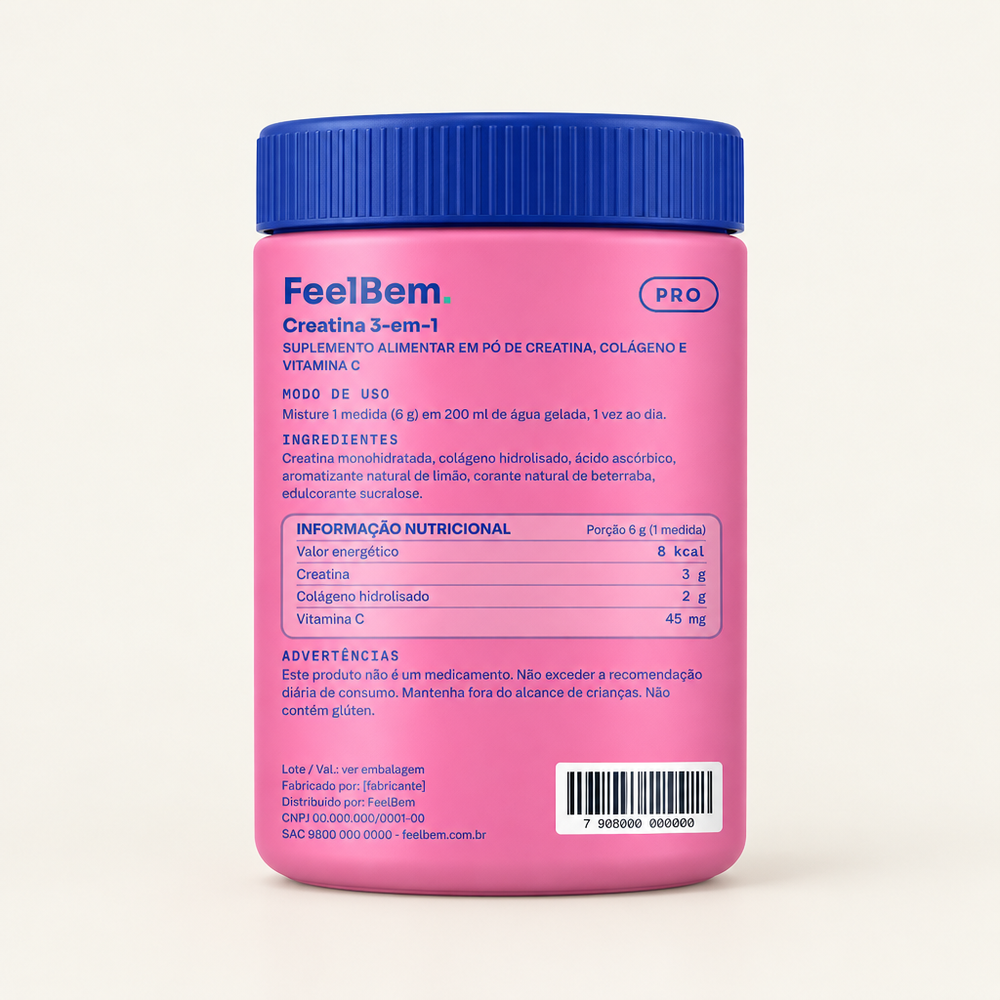 FeelBem Creatina 3-em-1 Limonada Rosa 300 g, verso com tabela nutricional