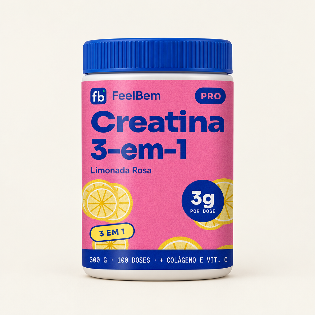 FeelBem Creatina 3-em-1 Limonada Rosa 300 g, frente da embalagem