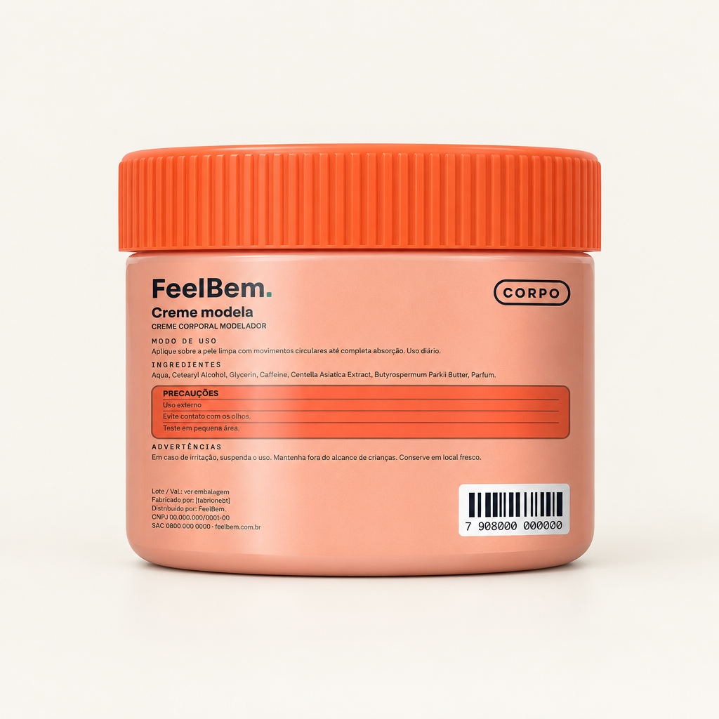 FeelBem Creme Modela · Creme Corporal 200 g, verso com modo de uso