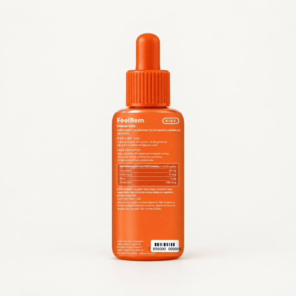 FeelBem Imune Kids · 16 Vitaminas e Minerais · Gotas 30 ml, verso com tabela nutricional
