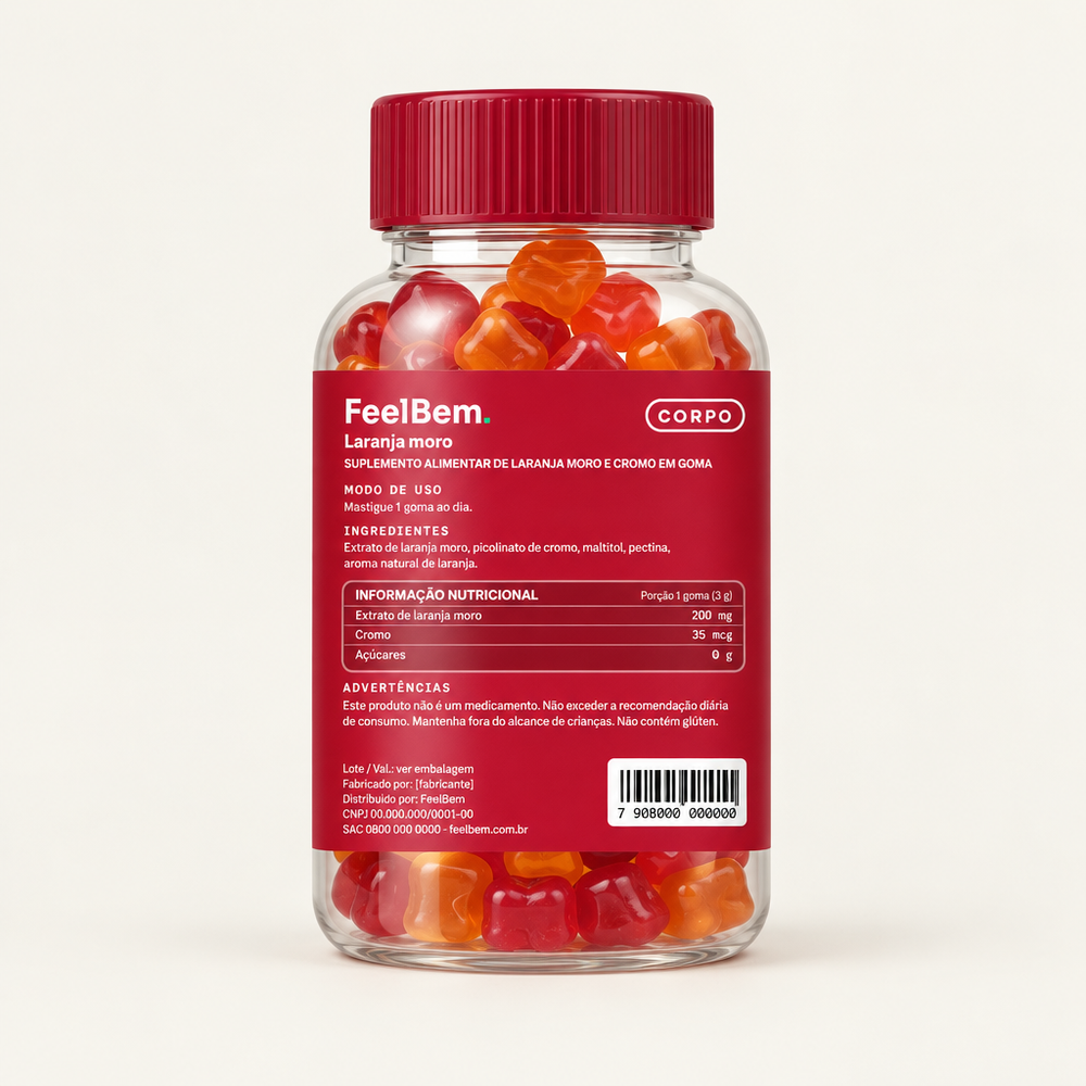 FeelBem Laranja Moro + Cromo Gummy · 30 Gomas, verso com tabela nutricional