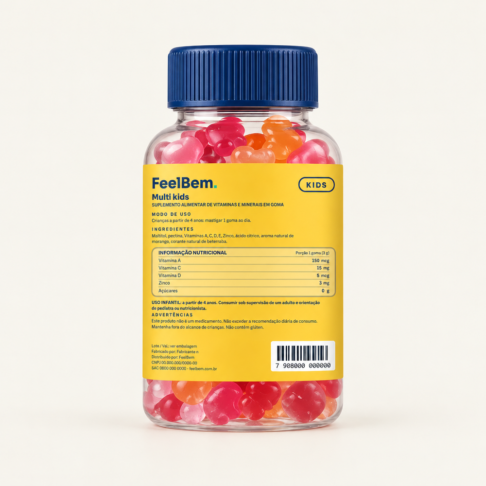 FeelBem Multi Kids · Multivitamínico em Goma · 30 Gomas, verso com tabela nutricional