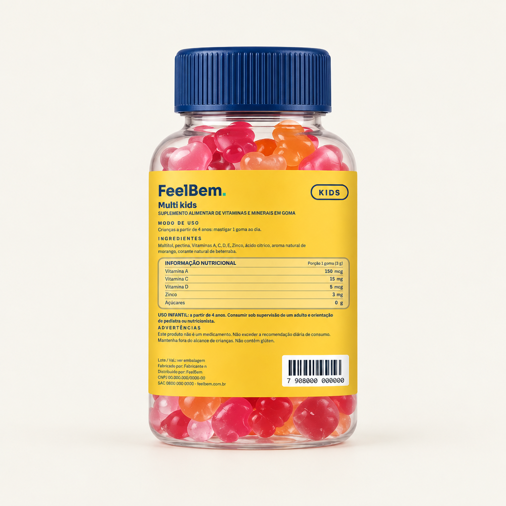 FeelBem Multi Kids · Multivitamínico em Goma · 30 Gomas, verso com tabela nutricional
