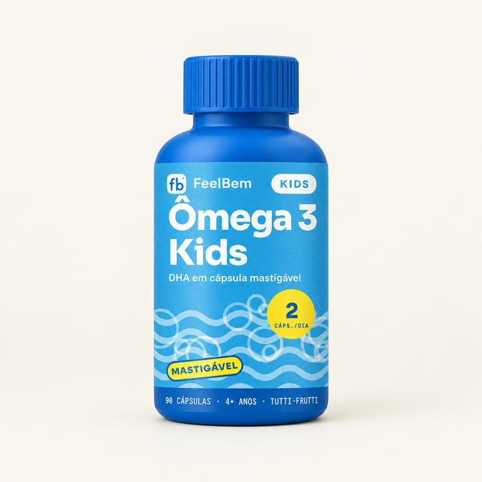 FeelBem Ômega 3 Kids · DHA Mastigável · 90 Cápsulas, frente da embalagem