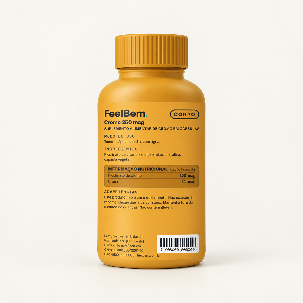 FeelBem Picolinato de Cromo 250 mcg · 60 Cápsulas, verso com tabela nutricional