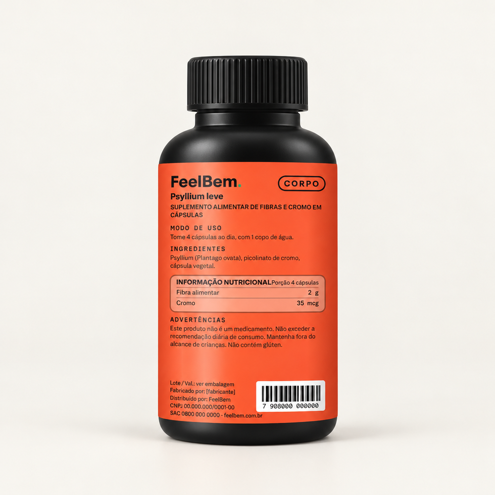 FeelBem Psyllium Leve + Cromo · 120 Cápsulas, verso com tabela nutricional
