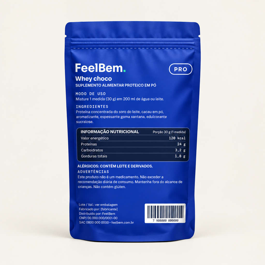FeelBem Whey Protein Concentrado Chocolate 1 kg, verso com tabela nutricional